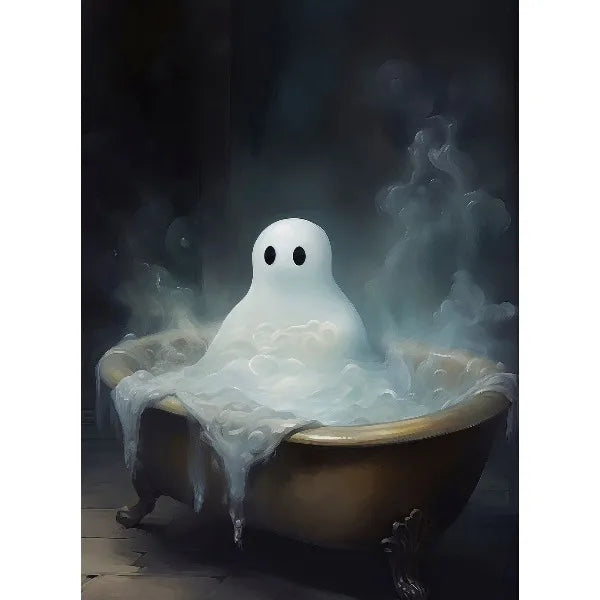 A white ghost figure emerges from a bowl of water surrounded by wisps of smoke and mist.