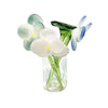 Hand-blown glass flower bouquet featuring pale green and blue blossoms in a clear mini vase