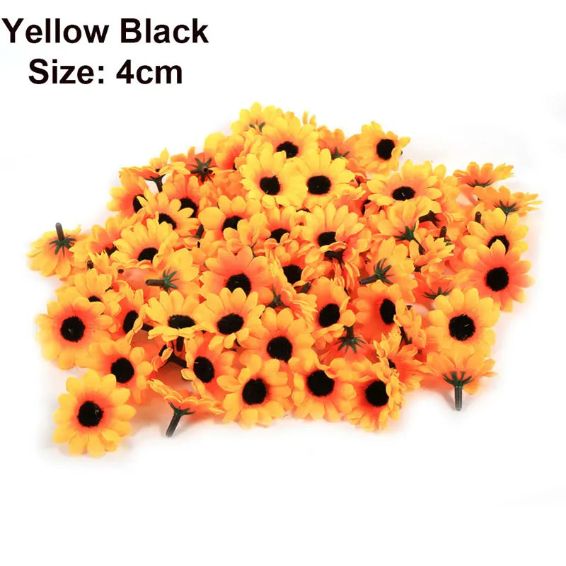 A pile of yellow black artificial sunflower and daisy heads, size 4cm.