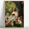 Oil painting depicting Jesus reading a Bible surrounded by several dogs in a lush green outdoor setting