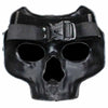 A black resin full face mask shaped like a skeleton with a strap for Halloween