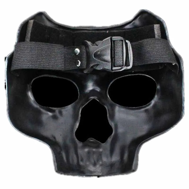 A black resin full face mask shaped like a skeleton with a strap for Halloween
