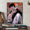 Anime canvas art poster featuring Toji Fushiguro with blood splatter and intense expression.