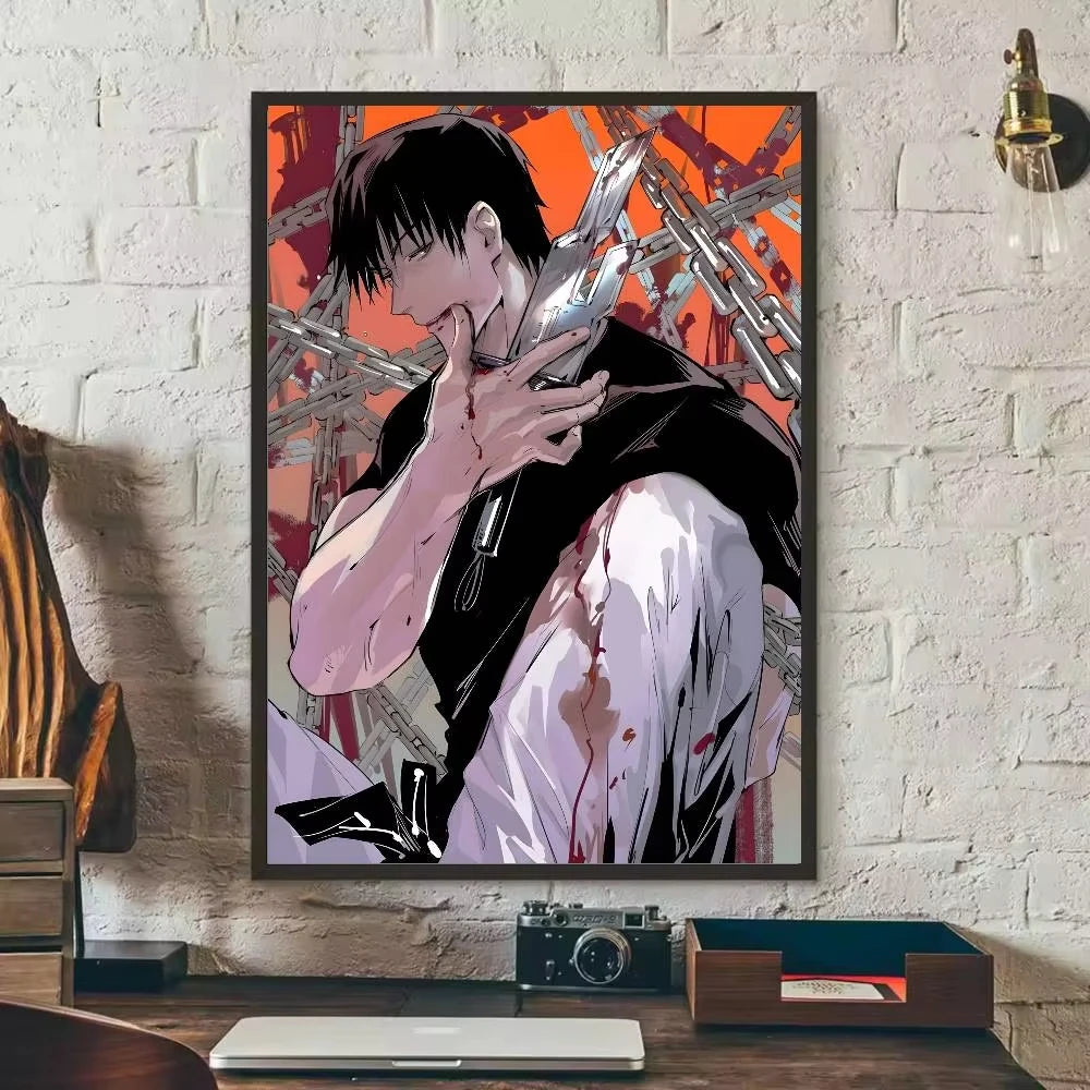Anime canvas art poster featuring Toji Fushiguro with blood splatter and intense expression.