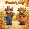 Two rustic wooden Highland cow figurines with seasonal decor, including pumpkins and autumn leaves.