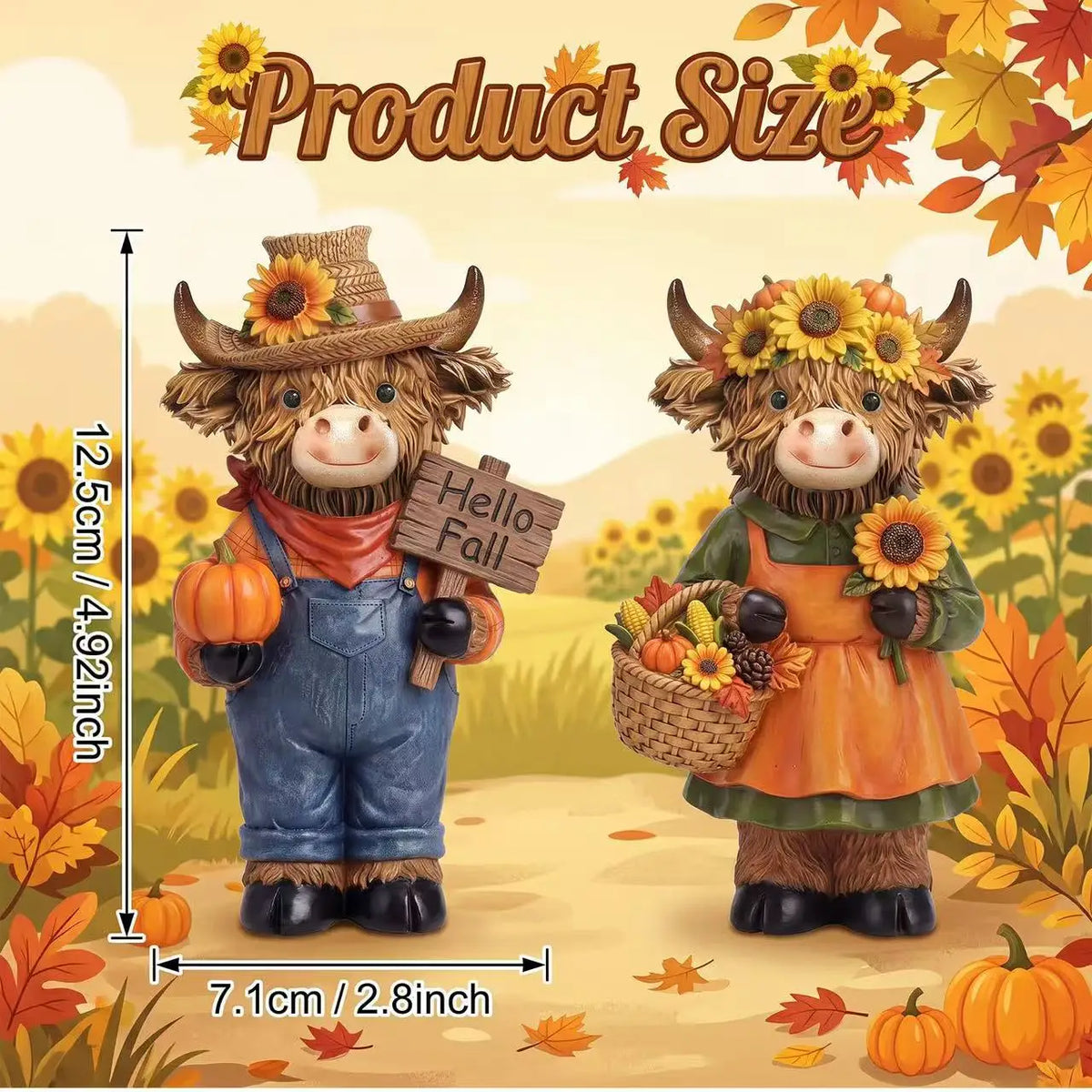 Two rustic wooden Highland cow figurines with seasonal decor, including pumpkins and autumn leaves.