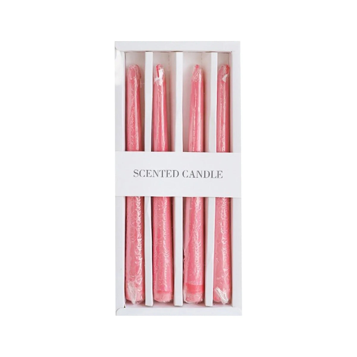 A set of four pink tapered candles with a dripping blood effect inside a white box.