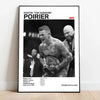 Foto en blanco y negro de Dustin Poirier en una pelea, con su nombre y estadísticas.