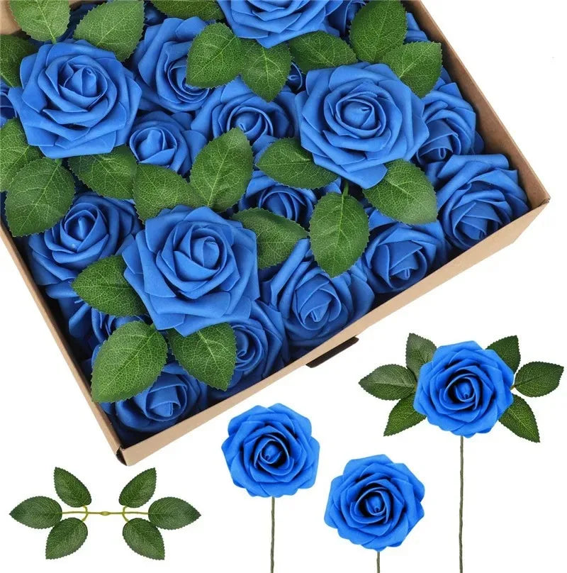 A box filled with lifelike blue foam roses and green leaves for wedding and home décor.