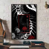 A black and white poster featuring a stylized red spider lily design on a dark background.