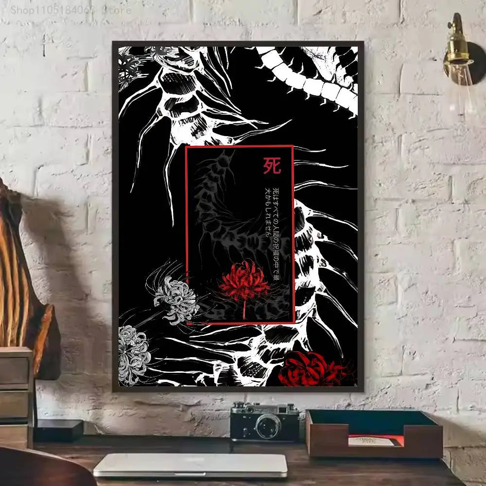 A black and white poster featuring a stylized red spider lily design on a dark background.
