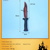 A realistic blood-themed knife prop with a dark handle and red blade shown against a light blue background.