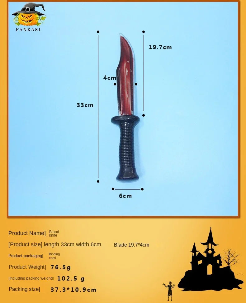 A realistic blood-themed knife prop with a dark handle and red blade shown against a light blue background.