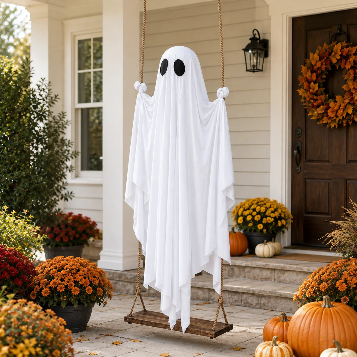 A large white ghost decoration hangs on a wooden frame near a front door and potted plants.