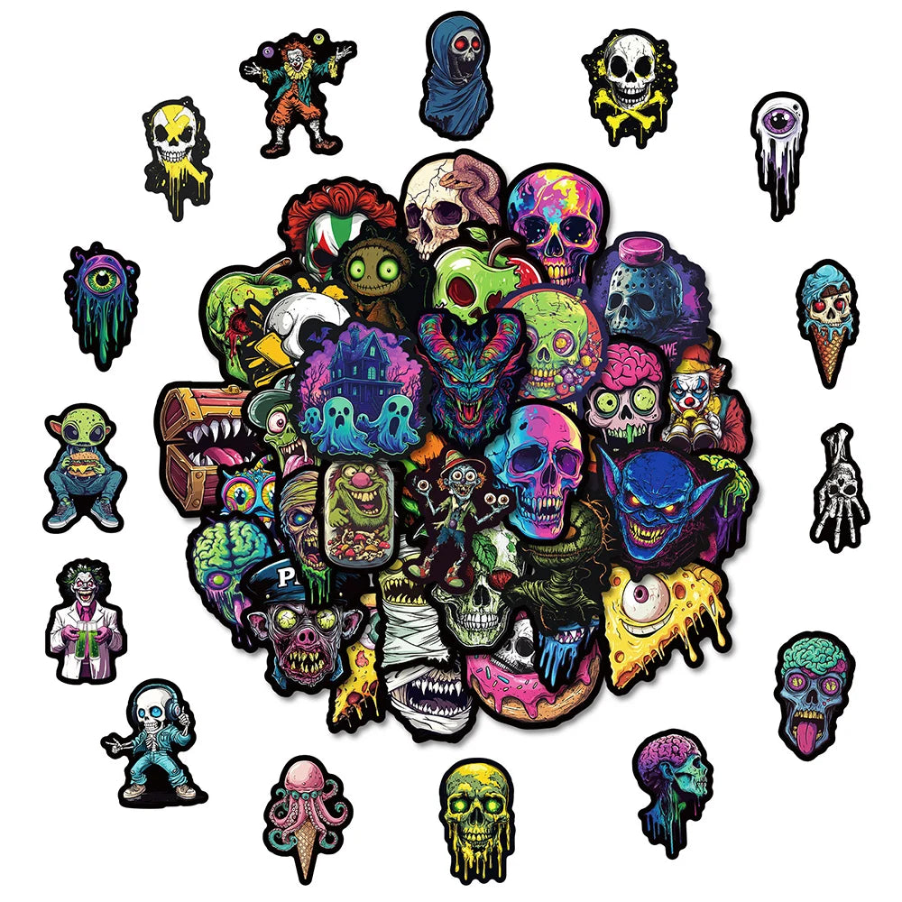 A collection of various skull, zombie, and monstrous face decals and stickers in dark and vibrant colors.