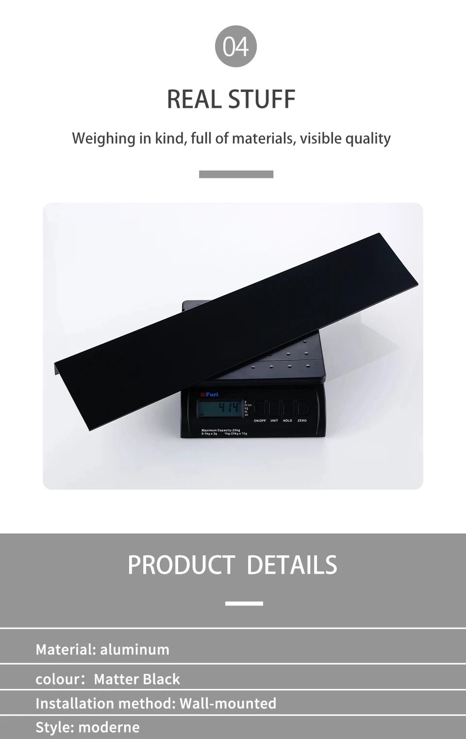 A black aluminum wall-mounted shelf is shown next to a digital scale displaying 4.14 kg.