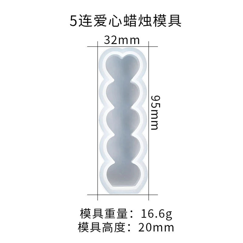 A silicone mold kit for making heart-shaped candles, showing the dimensions and weight of the tool.