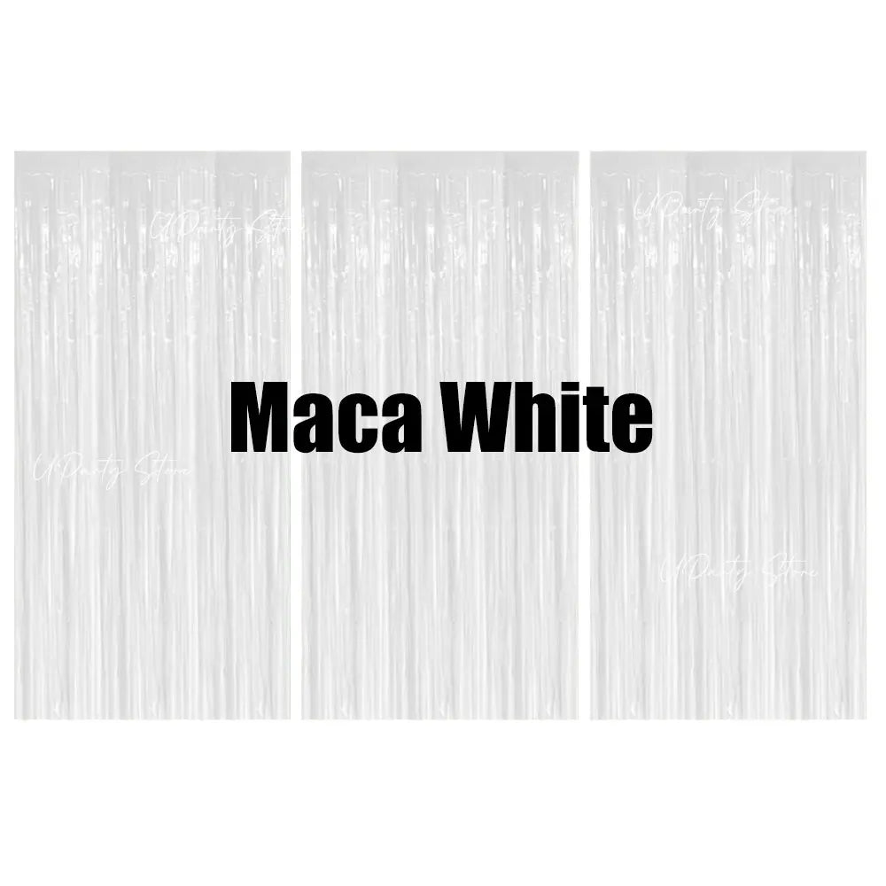 Three panels of silver metallic foil fringe curtains used as a party backdrop decor.