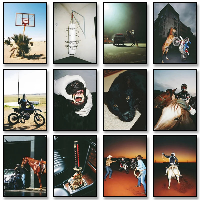 A collage of various scenes featuring horses, motorcycles, and cowboy themes.