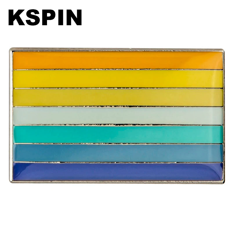A rectangular lapel pin featuring horizontal stripes of rainbow colors including orange, yellow, green, blue, and purple.
