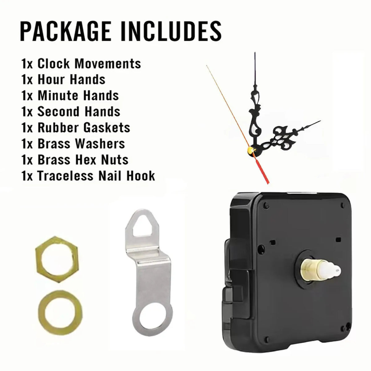 A package of clock movements and hands with various brass components, including a black clock face.