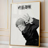 Impresión estilo anime en blanco y negro de un personaje con cabello puntiagudo haciendo un gesto con la mano, enmarcado en o