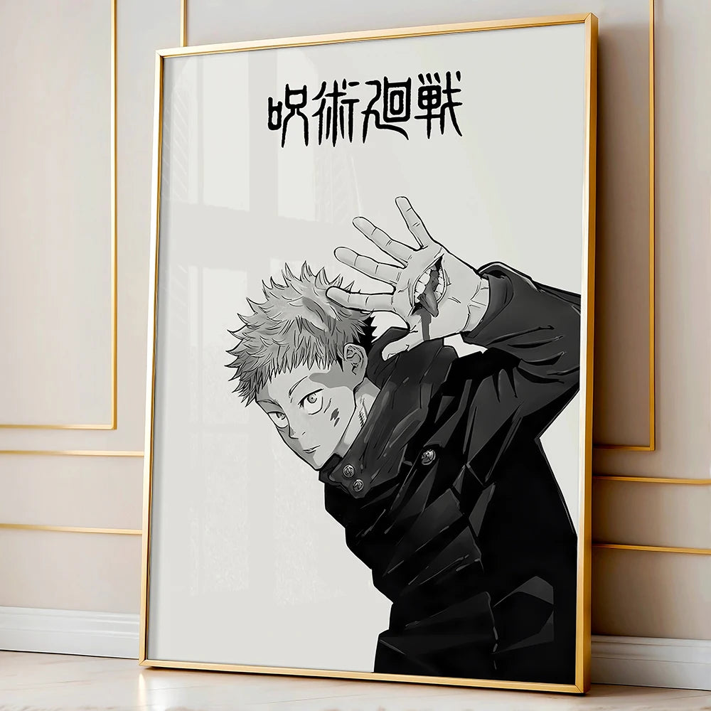 Impresión estilo anime en blanco y negro de un personaje con cabello puntiagudo haciendo un gesto con la mano, enmarcado en o