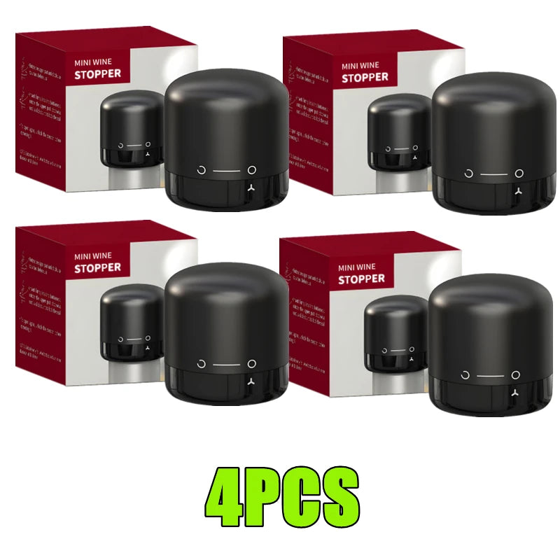 Four black silicone wine bottle stoppers packaged in red boxes with white labels.