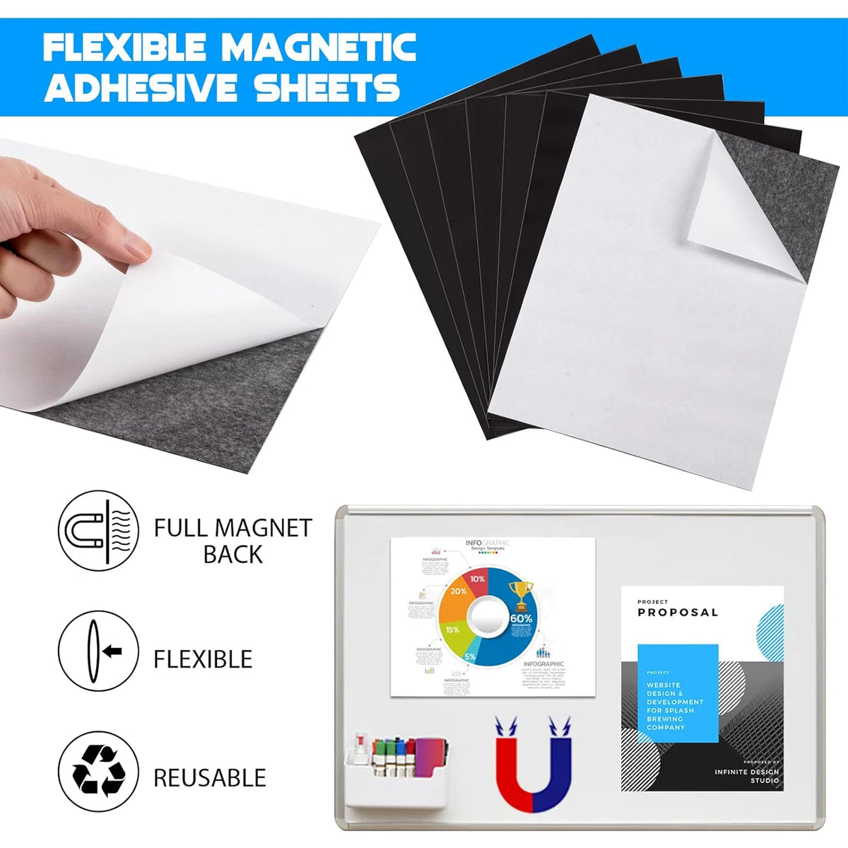 Flexible magnetic adhesive sheets in black and white, showing a full magnet back, flexible nature, and reusable quality.