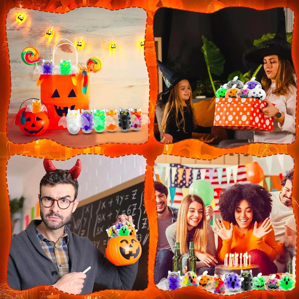 A collage of people and Halloween decorations, including a person holding an orange pumpkin and colorful squishy beads.