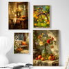 A collection of three oil painting prints featuring rustic still life scenes with flowers and fruit.
