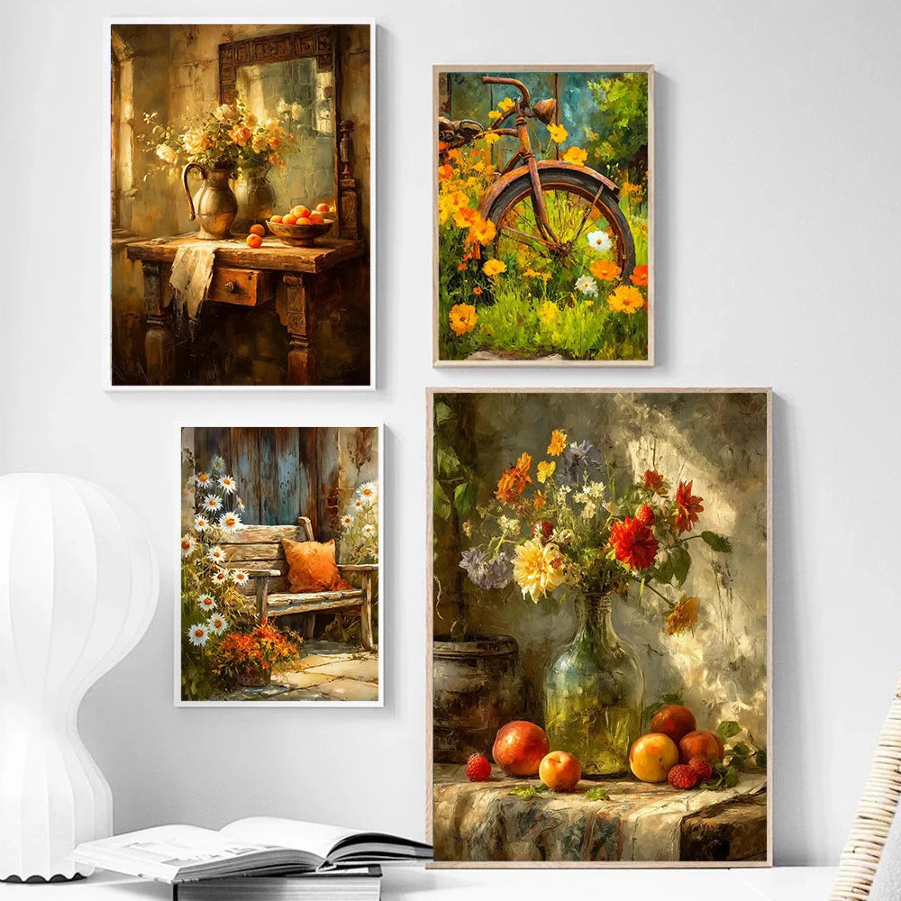 A collection of three oil painting prints featuring rustic still life scenes with flowers and fruit.