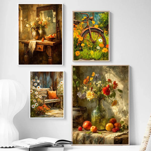 A collection of three oil painting prints featuring rustic still life scenes with flowers and fruit.
