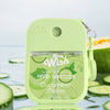 A lime green bottle of Wish Hydrating and Moisturizing Hand Sanitizer featuring a cucumber melon scent, set against sliced cu