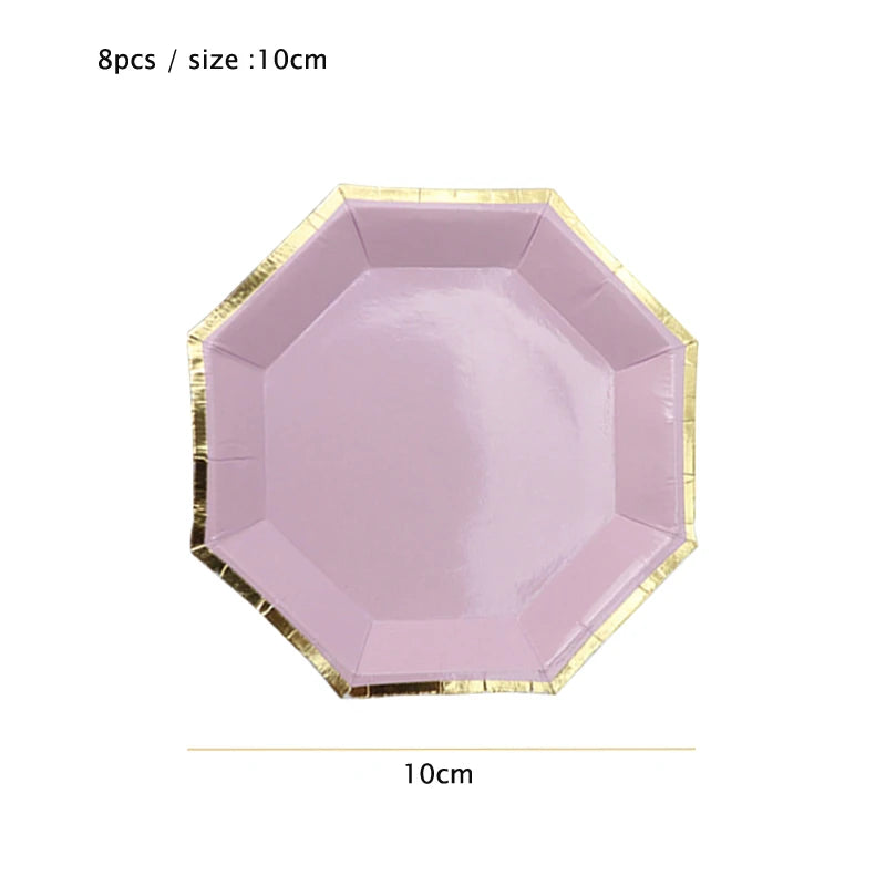 A pink hexagonal plate with a gold rim, shown flat, is part of an 8-piece tableware set.