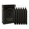 A set of twelve black taper candles in a box with gold accents.