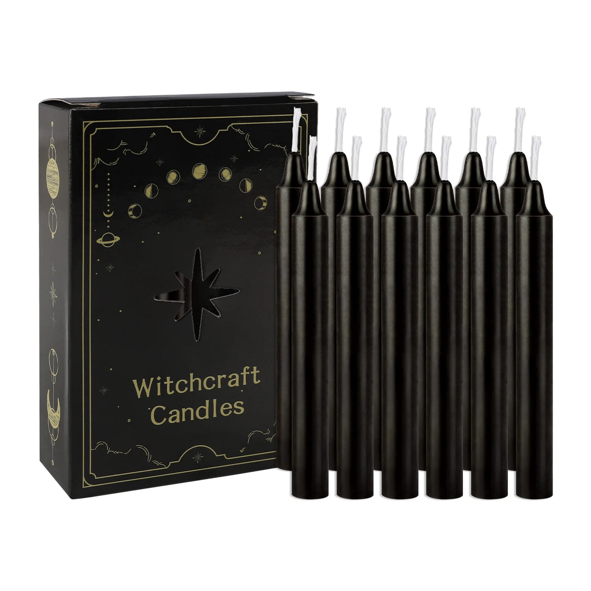 A set of twelve black taper candles in a box with gold accents.