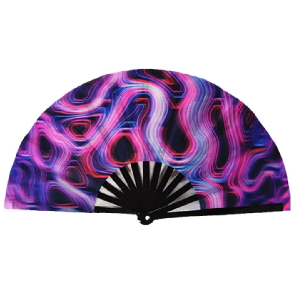 UV fluorescent handheld folding fan with a swirling purple and pink pattern