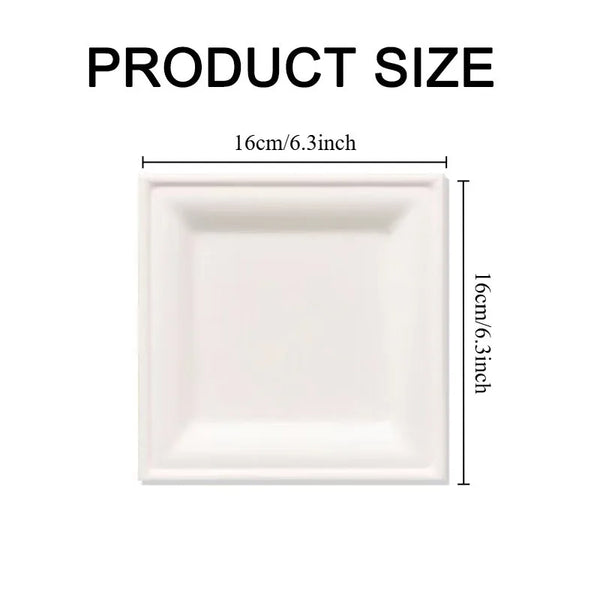 White square paper plate measuring 16cm or 6.3 inches.