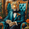 A painting of a majestic leopard in a teal velvet chair, adorned with floral elements and gold accents.