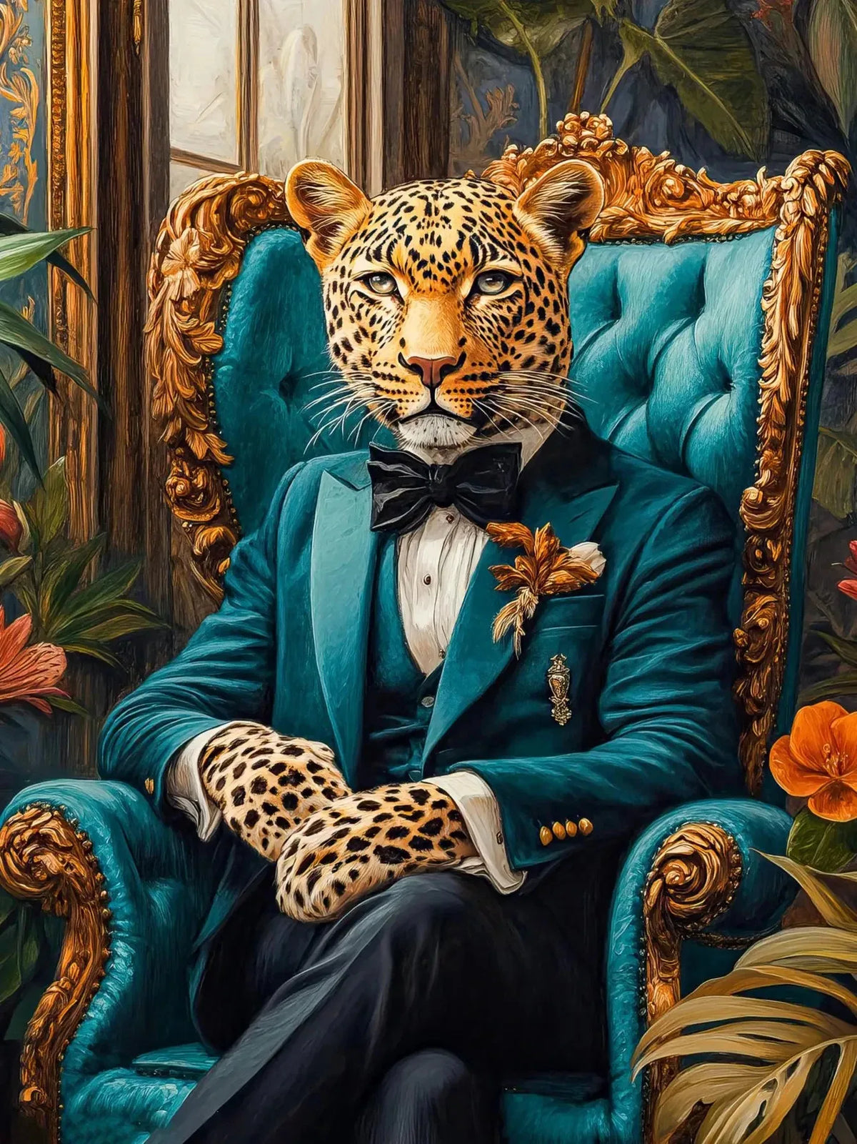 A painting of a majestic leopard in a teal velvet chair, adorned with floral elements and gold accents.