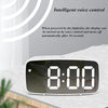 A digital alarm clock display showing 8:00 on a white background with text about intelligent voice control.