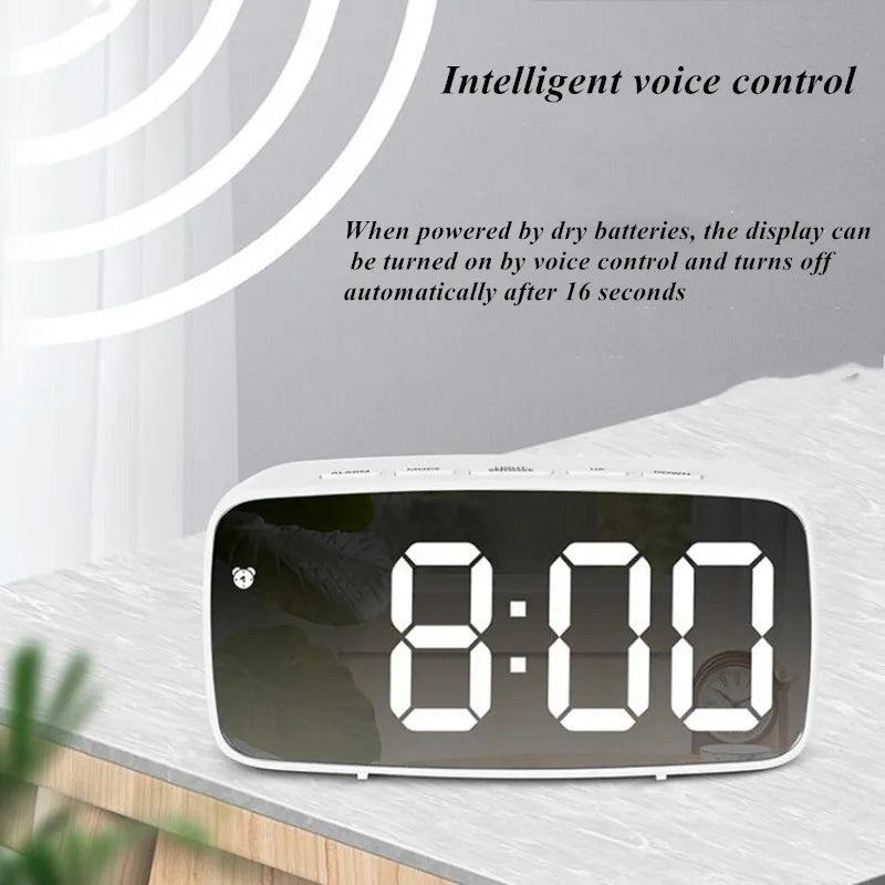 A digital alarm clock display showing 8:00 on a white background with text about intelligent voice control.