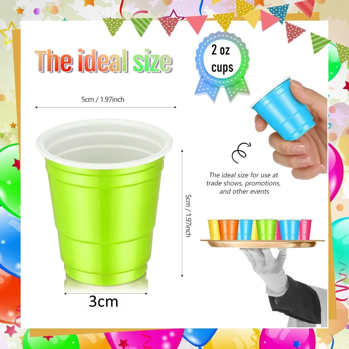 A bright lime green disposable plastic shot cup is shown next to a hand demonstrating its size.