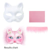 A set of white pulp masks for kids, including a mask template, pink paint, and finished fox and cat masks.