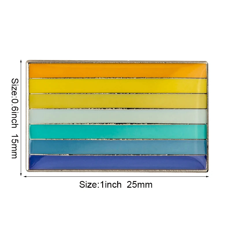A rectangular lapel pin featuring a gradient of rainbow colors, including orange, yellow, green, blue, and purple stripes.