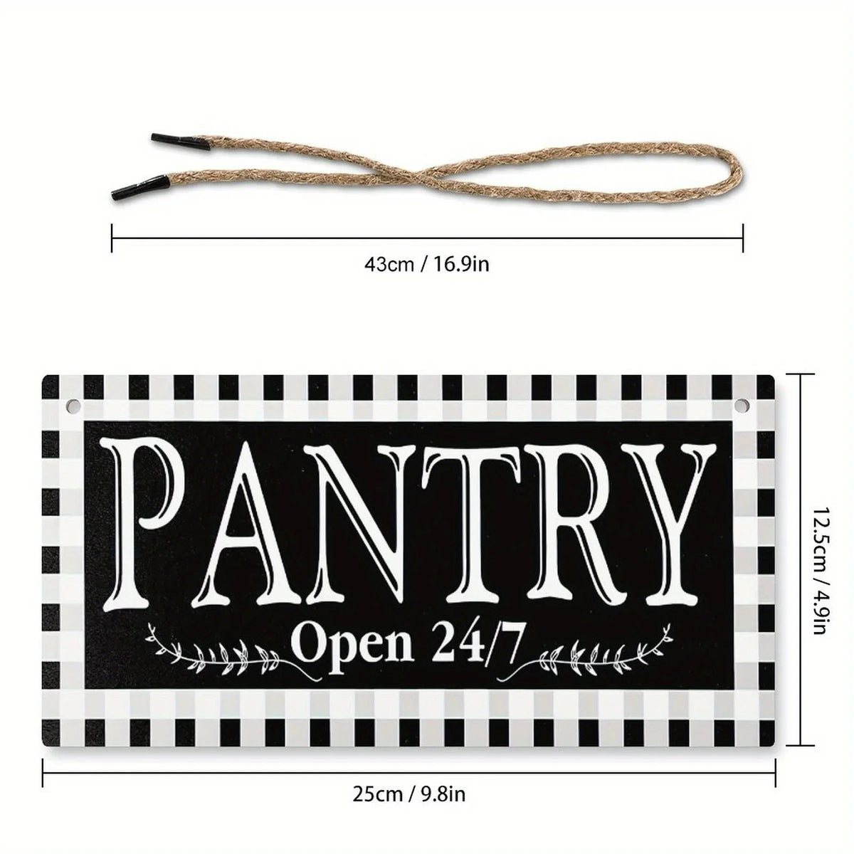 A black rectangular sign with a checkered pattern and the word PANTRY and Open 24/7 in white script, accompanied by a natural
