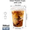 A clear plastic cup with a lid filled with iced tea or coffee, showing its dimensions.