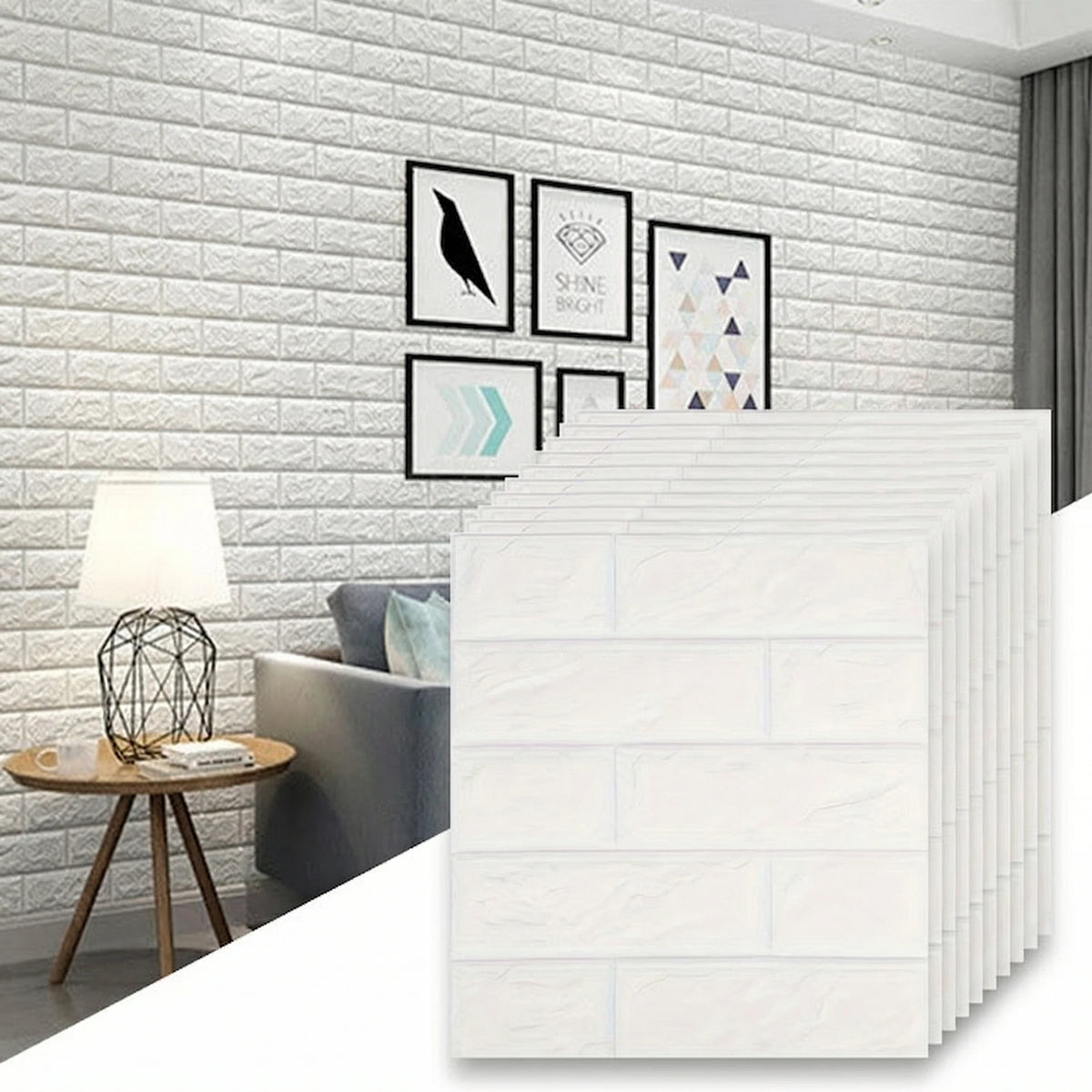 White 3D foam brick wallpaper panels displayed against a gray brick wall with framed art.