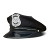 A black police officer costume hat with a silver badge and octagonal crown.